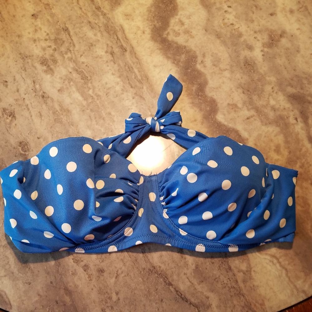 J Crew Blue White Polka Dot Retro Bikini Top 36C